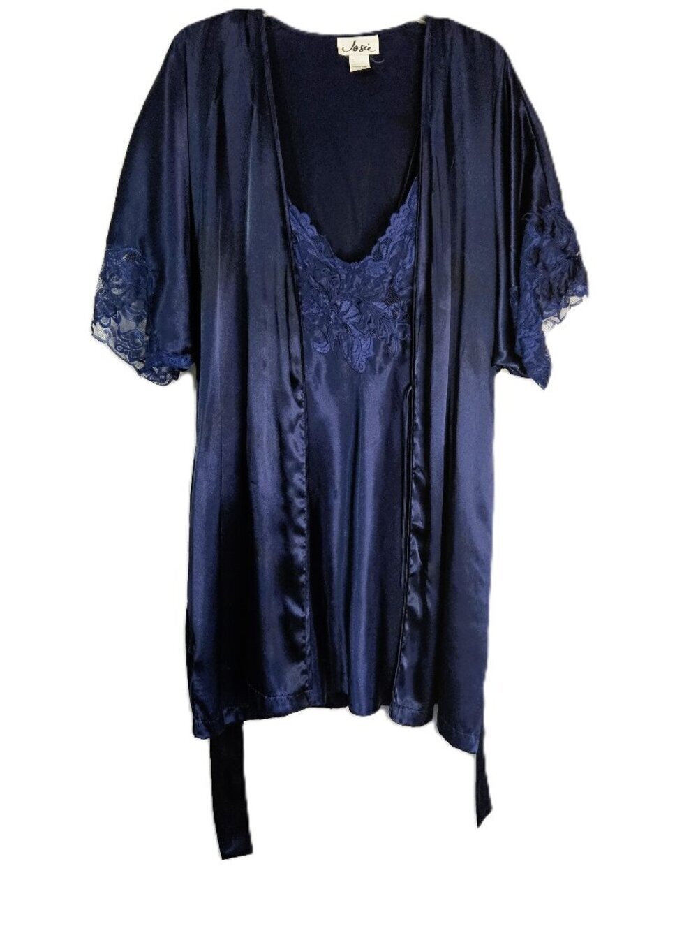 Vintage JOSIE Navy Blue Feminine Robe and Gown Set Size M